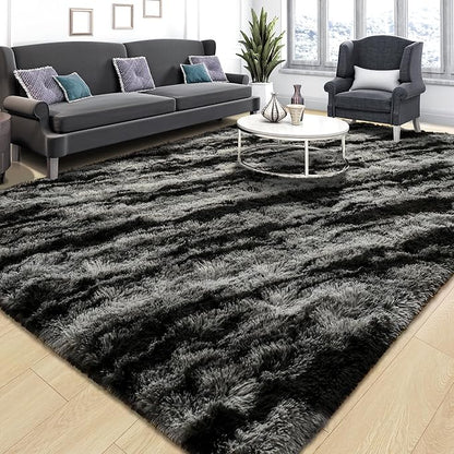 Tepook Fluffy Large Rugs for Living Room, 8x10 Area Rugs for Bedroom, Modern Shag Fuzzy Carpets for Kids Boys Girls, Plush Indoor Nursery Home Decor Rug with Non-Slip Bottom, Black Grey