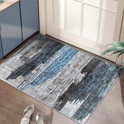 Ciicool Modern Abstract Area Rug 2x3 Washable Small Entryway Rug, Non-Slip Low Pile Throw Rug, Foldable Kitchen Bathroom Rugs, Blue Grey Floor Carpet for Entrance Living Room Bedroom Indoor Doormat