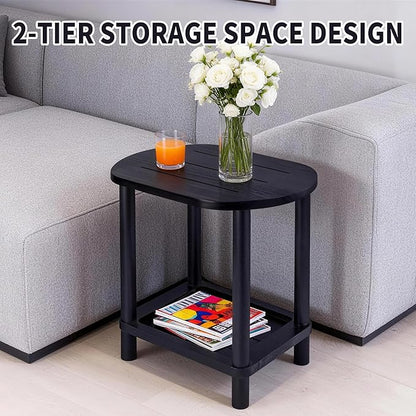 2 Tier Outdoor Side Table, Solid Wood Small Outdoor End Tables, Patio Table for Outside Backyard Balcony Porch Garden Lawn and Living Room, Weather Resistant & Easy Maintenance (Black)