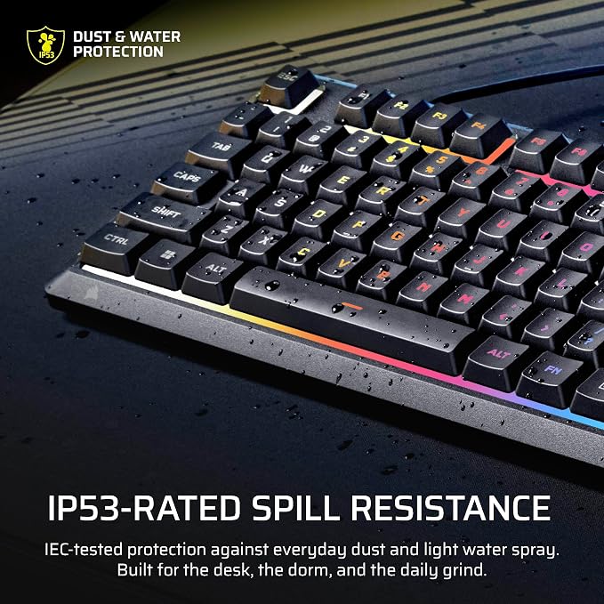 Corsair Skiff 100 Quiet RGB Wired Membrane Gaming Keyboard – QWERTY US, IP53 Spill & Dust Resistant, Responsive Keys, Media Dial – Black