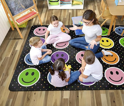 Flagship Carpets Smiley Seating (Seats 20) Classroom Area Rug or Educational Learning Mat, Kids Room or Playroom Carpet, 6' x 8'4", Black/Multi