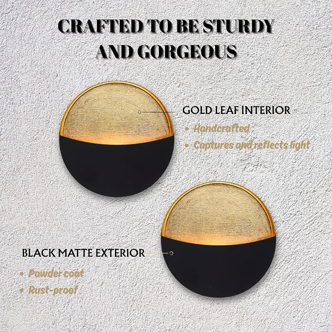 Black Wall Candle Holder Set of 2 with Gold Leaf Interior, Metal Wall Candle Sconces, Vintage Style Wall Decor for Living Room, Bedroom, and Dining Room