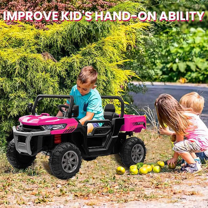 24V 4WD Ride on Truck Car w/4X200W Motor, Dump Bed, Gift Flower, 2 Seaters, Remote Control, 4 Wheeler, LED Light, Music, 24 Volt Ride on Toys for Big Kids Girls 3-8, Pink