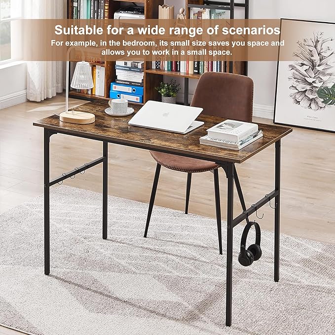 VECELO 44 Inch Computer Stable Writing Study Work 6 Hooks Adjustable Feet Wooden Desk for Home,Bedroom,Rusic Brown, 44Inches