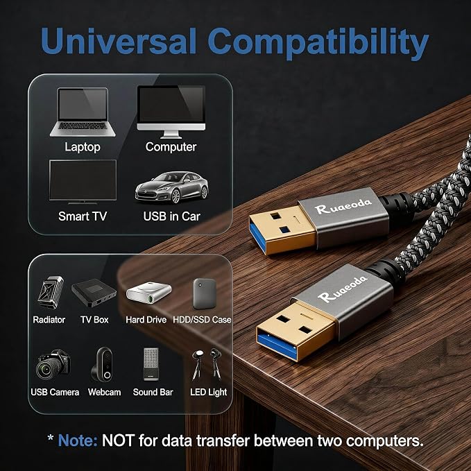 USB to USB Cable 1.5 ft, USB 3.0 Male to Male Type A to Type A Double Sided USB Cord for Data Transfer Compatible with Hard Drive, Laptop, DVD Player, TV, USB 3.0 Hub, Monitor and More