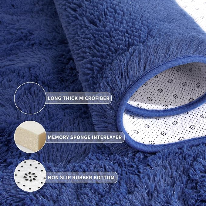 Tepook Soft Runner Rugs for Bedroom 2x6 ft with Rubber Backing, Navy Fluffy Rugs for Living Room, Shag Bedside Rug Fuzzy Plush Carpet for Room, Area Rug for Dorm Nursery Hallway Indoor Home Decor
