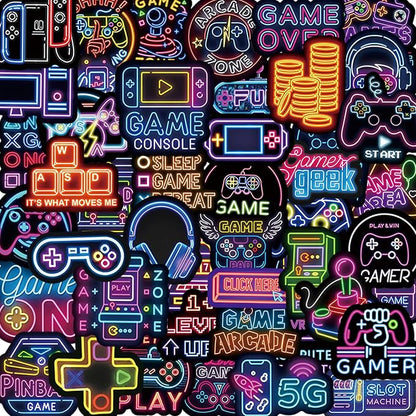 QTL Neon Video Game Stickers for Boys Teens, Game Party Supplies, Waterproof Vinyl Stickers for Water Bottle Laptop, 50 Pcs
