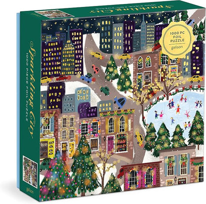 Galison Sparkling City – 1000 Piece Foil Puzzle with Illustrations of Colorful Merriments in The City with Gold Foil Accents