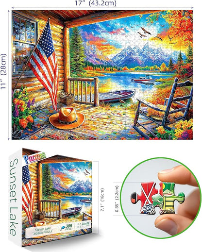 300 Piece Puzzle for Adults Beautiful Autumn Mountain Lake Scene with Lakeside Cabin, Natural Landscape & Sunset Cabin Porch View Jigsaw Puzzle for Adults & Seniors Relaxing Puzzles for Home Decor