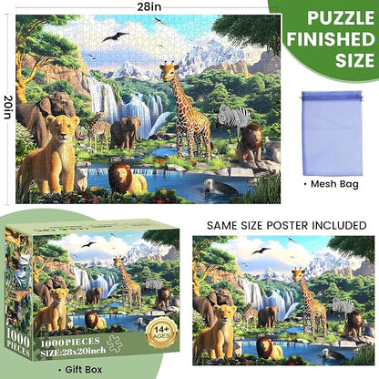 1000 Pieces Puzzles for Adults,Animal World Jigsaw Puzzles 1000 Pieces Lions Elephants Giraffe Animals Puzzles Games Unique Cool Puzzles Family Activity Great Gift for Family Friends 28x20 in
