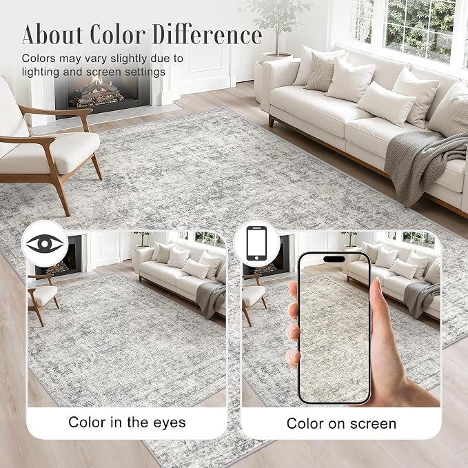 6x9 Area Rug Living Room Rug: Washable Modern Abstract Soft Thin Rug Indoor Floor No Slip Carpet for Bedroom Dining Room Farmhouse Nursery Home Office - Retro Black Grey