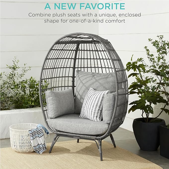 Best Choice Products Wicker Egg Chair, Oversized Indoor Outdoor Lounger for Patio, Backyard, Living Room w/ 4 Cushions, Steel Frame, 440lb Capacity - Gray/Heather Gray