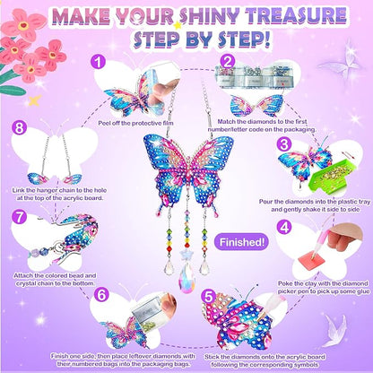 Crafts for Girls 8-12, Diamond Art Kits for Girls Ages 10-12, 3 PCS Diamond Art, DIY Suncatchers & Wind Chime Kits for Kids, Great Arts & Crafts Birthday Gift, Pretty Home/Garden/Backpack décor