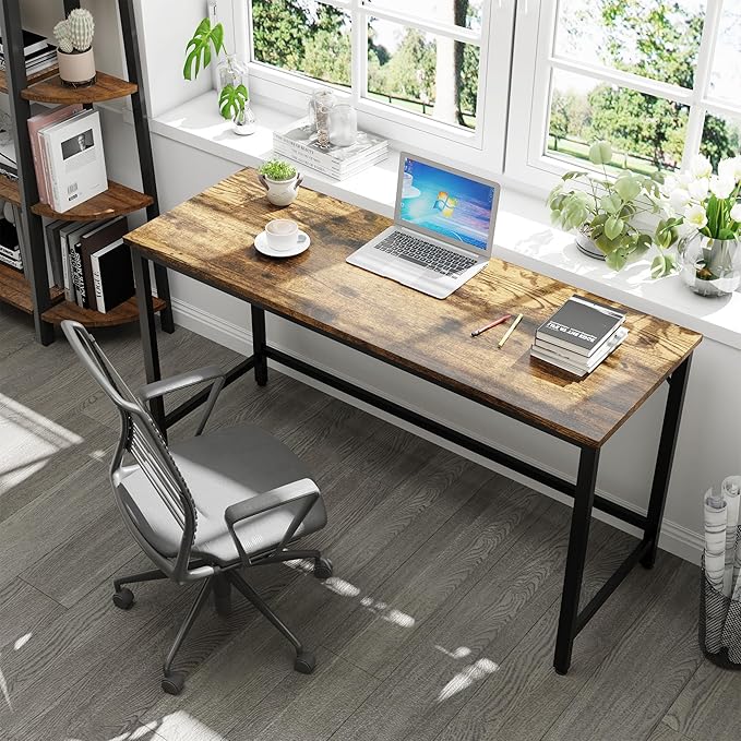 Shintenchi 55 inch Computer Desk, Study Workstation Modern Simple Design for Home Office, Student Writing Desk, Office Working Desk, Vintage Brown