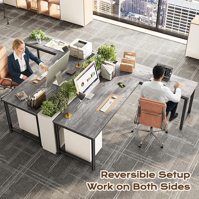 Huuger 63 Inch L Shaped Desk with Power Outlets and USB-C Port, Reversible Computer Desk, Larger Office Corner Gaming Desk, 0.95 Inch Thicker Desktop, Metal Frame, for Home Office, Study, Grey