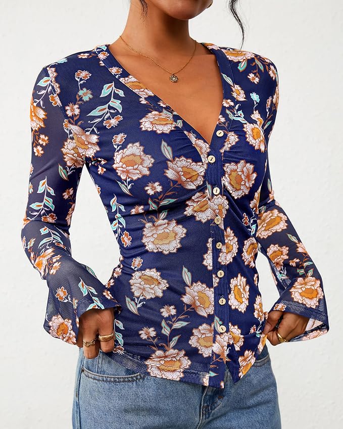 BTFBM Button Down Shirts for Women 2026 Fall Boho Tops V Neck Long Sleeve Blouses Ruched Mesh Fitted Fashion Clothing