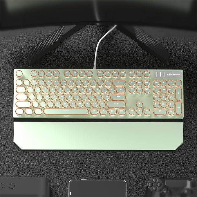 Camiysn Typewriter Style Mechanical Gaming Keyboard, Green Retro Punk Gaming Keyboard with White Backlit, 104 Keys Blue Switch Wired Cute Keyboards, Round Keycaps for Windows/Mac/PC