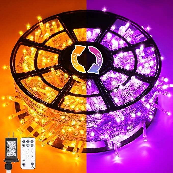 JMEXSUSS 168ft 600 LED Halloween Decor Lights Outdoor Clear Wire, Orange Purple String Lights Indoor Plug in,Halloween Lights for Tree Porch Yard Decorations