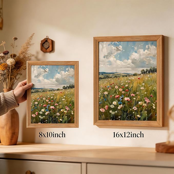 Wildflower Wall Art Framed Botanical Flower Meadow Canvas Print, Vintage Floral Landscape Canvas, Nature Wall Decor with Wood Frame for Bedroom Living Room Cottage Home Decor 12x16 Inch