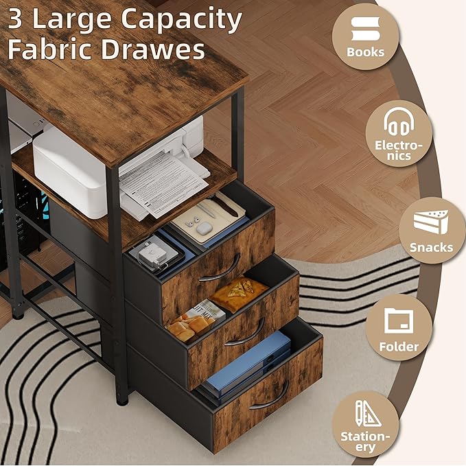 YOSHOOT 2 Person Computer Desk, 87" Long Gaming Desk for 2 People | Double Desk with 3 Fabric Drawers and 2 Power Outlets, Home Office Table for Adults and Teenagers, Rustic Brown