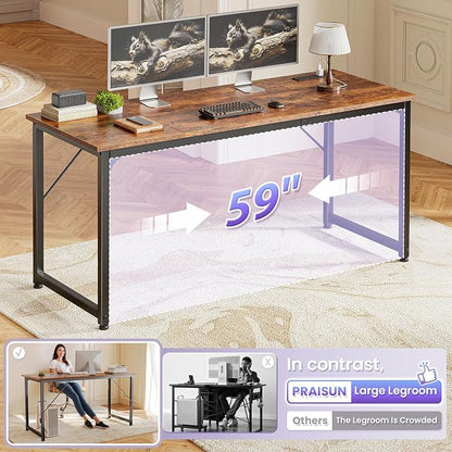 PRAISUN 63 X 24 Inch Computer Desk, Power Outlets, USB-C, Rustic Brown | Office Desk with 4 AC Outlets, USB & USB-C, Sturdy Metal Frame, Spacious Desktop for Work, Writing, Study & Gaming