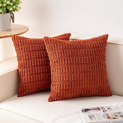 Aegero Pack of 2 Corduroy Decorative Throw Pillow Covers 18x18 Inch Fall Soft Striped Pillow Covers Modern Farmhouse Home Decor for Sofa Living Room Couch Bed(Rust)