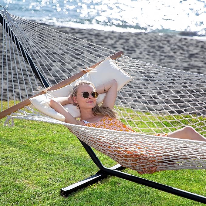 SUNCREAT Double Outdoor Hammock with Stand Included, Portable Cotton Rope 2 Person Hammock for Outdoor, Patio, Garden, Backyard, Beige