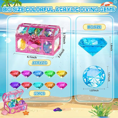 Diving Gems Pool Toys with Purple Treasure Chest Toy for Girls Age 3-10 | Large shatterproof acrylic diving gems. Fade-resistant, specially weighted to sink, building kids' water confidence