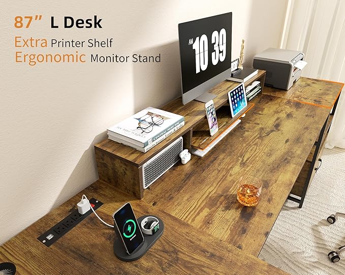 L Shaped Desk - 87" L Shaped Gaming Desk with Power Outlet & Monitor Shelf, Home Office Corner Computer Desk with Printer Shelf & File Drawer, Rustic Brown