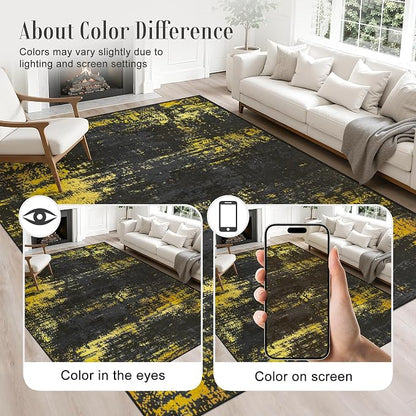 5x7 Area Rug Living Room Rug: Washable Modern Abstract Soft Thin Rug Indoor Floor No Slip Carpet for Bedroom Dining Room Farmhouse Nursery Home Office - Dark Black Gold