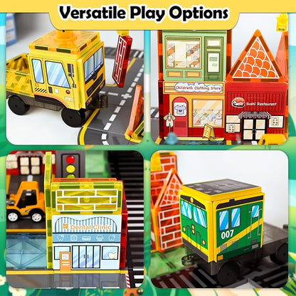 Drofex Magnetic Tiles Road Set with 2pcs Magnetic Crane, Creative Construction Toys for Kids Ages 3-12, Boys & Girls, Engineering Themed Magnetic Building Blocks