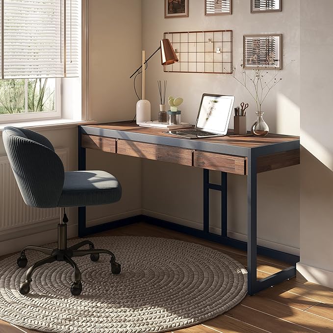 SIMPLIHOME Erina SOLID WOOD and Metal Modern Industrial 60 inch Wide Home Office Desk, Writing Table, Workstation, Study Table Furniture in Distressed Charcoal Brown with 2 Drawers