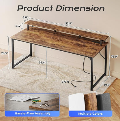 PRAISUN 55 inch Gaming Desk, LED & Outlets, Monitor Stand, Rustic Brown | Sturdy PC Desk for Home Office, Study & Work, LED Lights, 4 AC Outlets & USB-C Charging Station