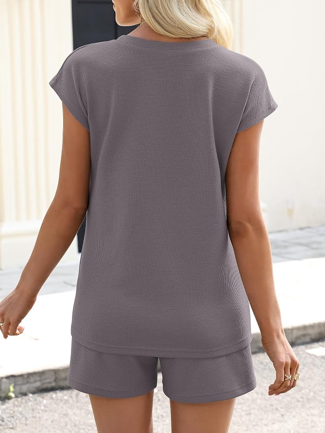 ANRABESS Womens Waffle Knit 2 Piece Short Sets Cap Sleeve Summer 2026 Matching Lounge Outfits Travel Beach Vacation Sweatsuit