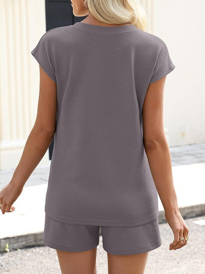 ANRABESS Womens Waffle Knit 2 Piece Short Sets Cap Sleeve Summer 2026 Matching Lounge Outfits Travel Beach Vacation Sweatsuit