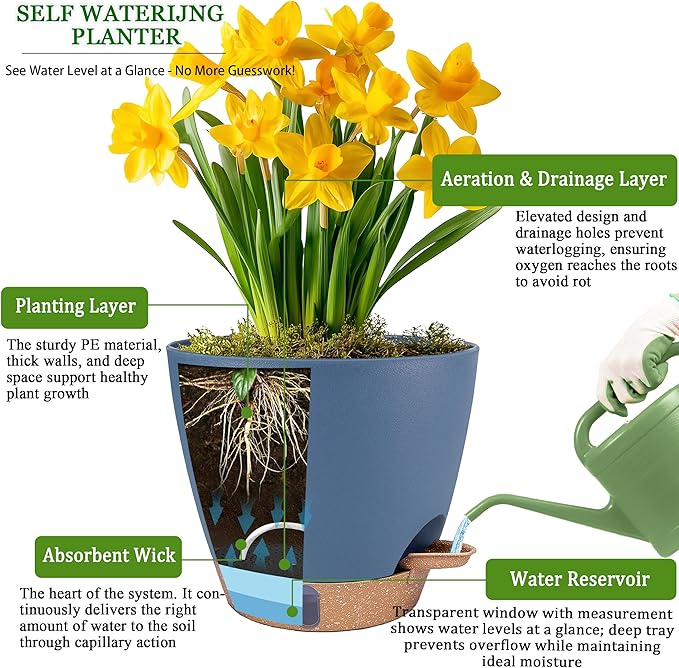 Self Watering Pots for Inoor Ourdoor Plants 10/9/8/7/6.5 Inch Plastic Planters with Drainage Holes & Water Level Indicator, Decorative House Flower Nursery Planting Pots with Saucers (Navy Blue)