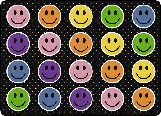 Flagship Carpets Smiley Seating (Seats 20) Classroom Area Rug or Educational Learning Mat, Kids Room or Playroom Carpet, 6' x 8'4", Black/Multi