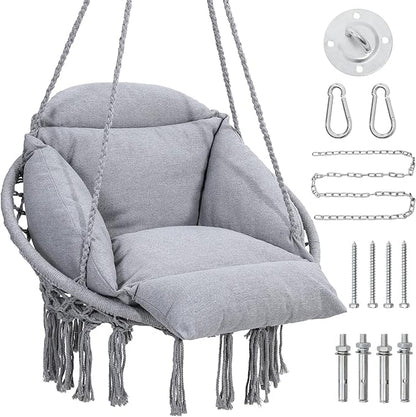 Macrame Hammock Hanging Swinging Chair with Oversized Cushion, Perfect for Bedroom, Porch, Kids, Adults, Balcony, Grey