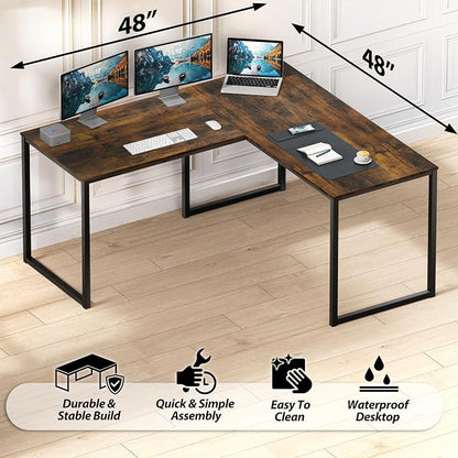 SHW Mission 48 x 48 L-Shape Home Office Computer Desk, Rustic Brown | Reversible Desktop Design