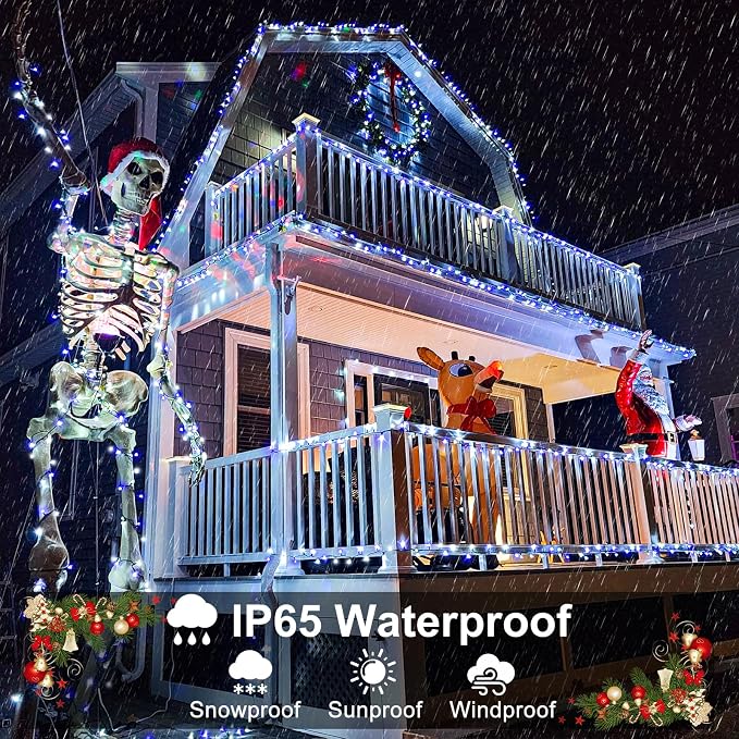 Blue and White Christmas Lights, 66FT 200 LED Plug in Christmas Tree Lights Outdoor Waterproof, 8 Modes Connectable String Lights for Outside Indoor Patio Garden Party Holiday Decorations