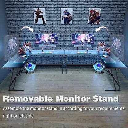L Shaped Gaming Desk, 51 Inch Computer Corner Table with Large Monitor Stand & Carbon Fiber Surface for Home Office Study Writing Workstation, Black