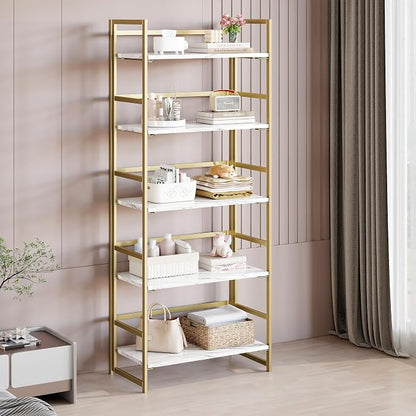 BHG No Assembly Folding Bookshelf for Living Room, 5 Tier Gold Collapsible Book Shelf for Home Office, Portable Bookcase Storage Organizer