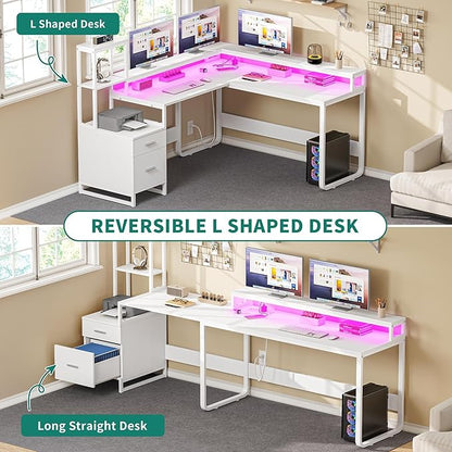 YITAHOME L Shaped Desk with Power Outlets & Hutch, Computer Desk with Drawers & LED Lights, Reversible Corner Office Desk with Printer Stand for Home Office, White