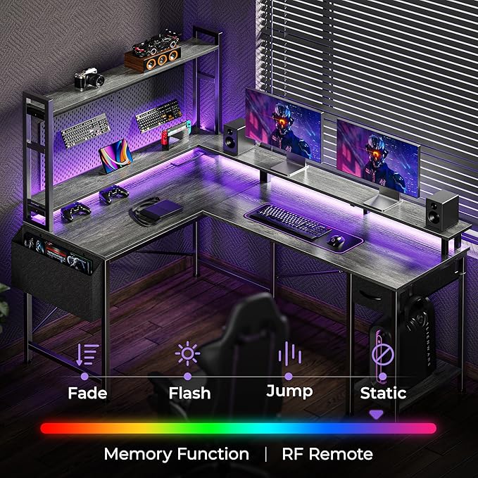 L Shaped Desk Computer Desk with LED Lights & Power Outlets, Gaming Desk with Storage Shelves, Corner Desk Home Office Desks for Bedroom, Grey