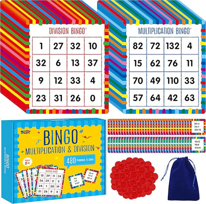 SpriteGru Multiplication & Division Bingo Game, 480 Math Problems, 2 Educational Math Board Game for Kindergarten and Preschool Kids 4-8, Perfect for Classroom & At Home (Up to 25 Players)