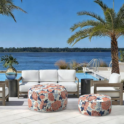 LVTXIII Indoor/Outdoor Extra Large Inflatable Ottoman Pouf D31 x H14 Inch, Round Footstool with Handle, Weather-Resistant Portable Furniture for Patio, Camping, Beach, Vibrant Blossom
