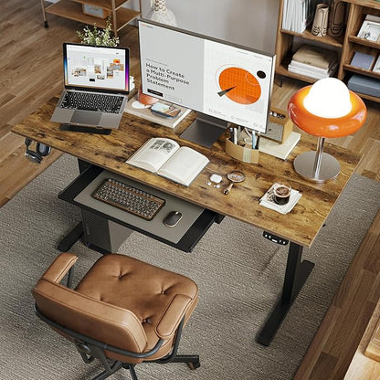 Height Adjustable Desk with Keyboard Tray, 55 x 24 Inches Electric Standing Desk, Stand up Computer Table with Memory Preset, Rustic Brown, Splice Board