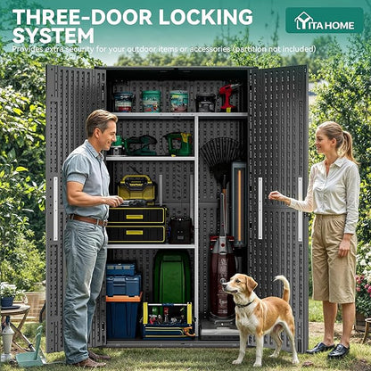 YITAHOME 60 cuft Vertical Outdoor Storage Shed with Shelf, Large Waterproof Storage Cabinet for Garden Shed, Tall Outdoor Storage Shed for Garage, Pool Storage, Resin, Lockable, Dark Gray