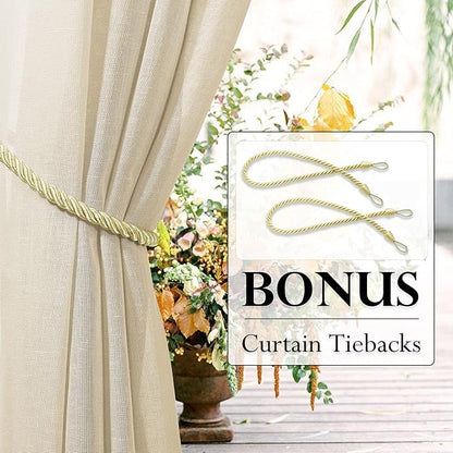 RYB HOME Outdoor Linen Curtains for Porch Waterproof Light & Airy Faux Linen Textured Drape for Balcony Backyard Cabana, 52 Inch Wide by 96 Inch Length, Beige, 2 Pieces