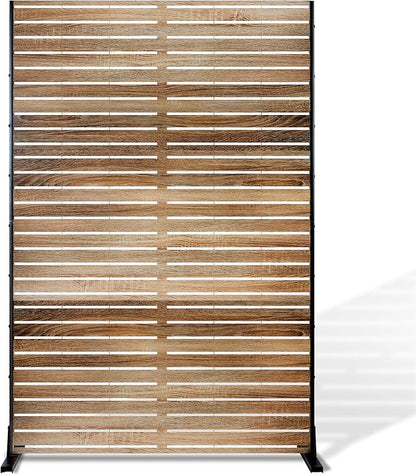 FENCY Metal Privacy Screen 72" H×47" W Natural Wood Color Outdoor Privacy Screen, Freestanding Decorative Privacy Fence Panels for Deck Balcony Patio